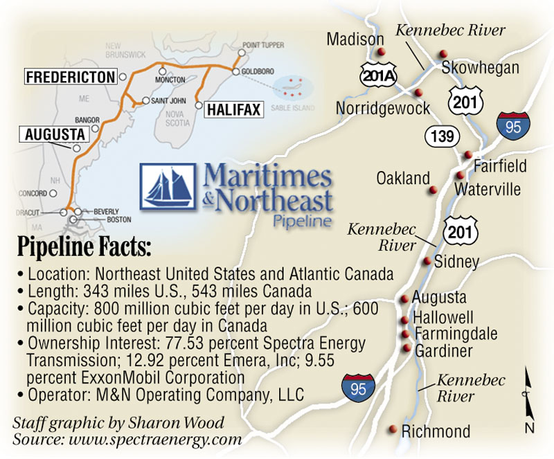 Kennebec Valley Gas Co. and the town of Madison have developed competing proposals to build a natural gas pipeline in central Maine. The route proposed by Kennebec Valley Gas Co. is shown at right. Both plans call for connecting the new pipeline to one operated by Maritimes & Northeast, at left.