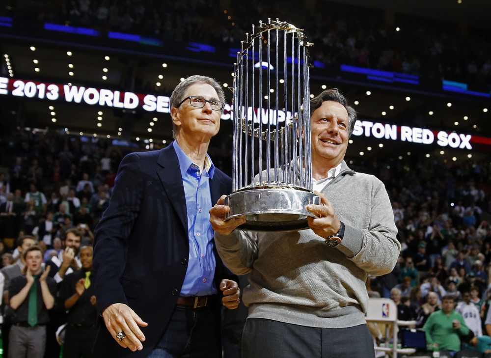 The World Series Trophy is on display during a ceremony in the