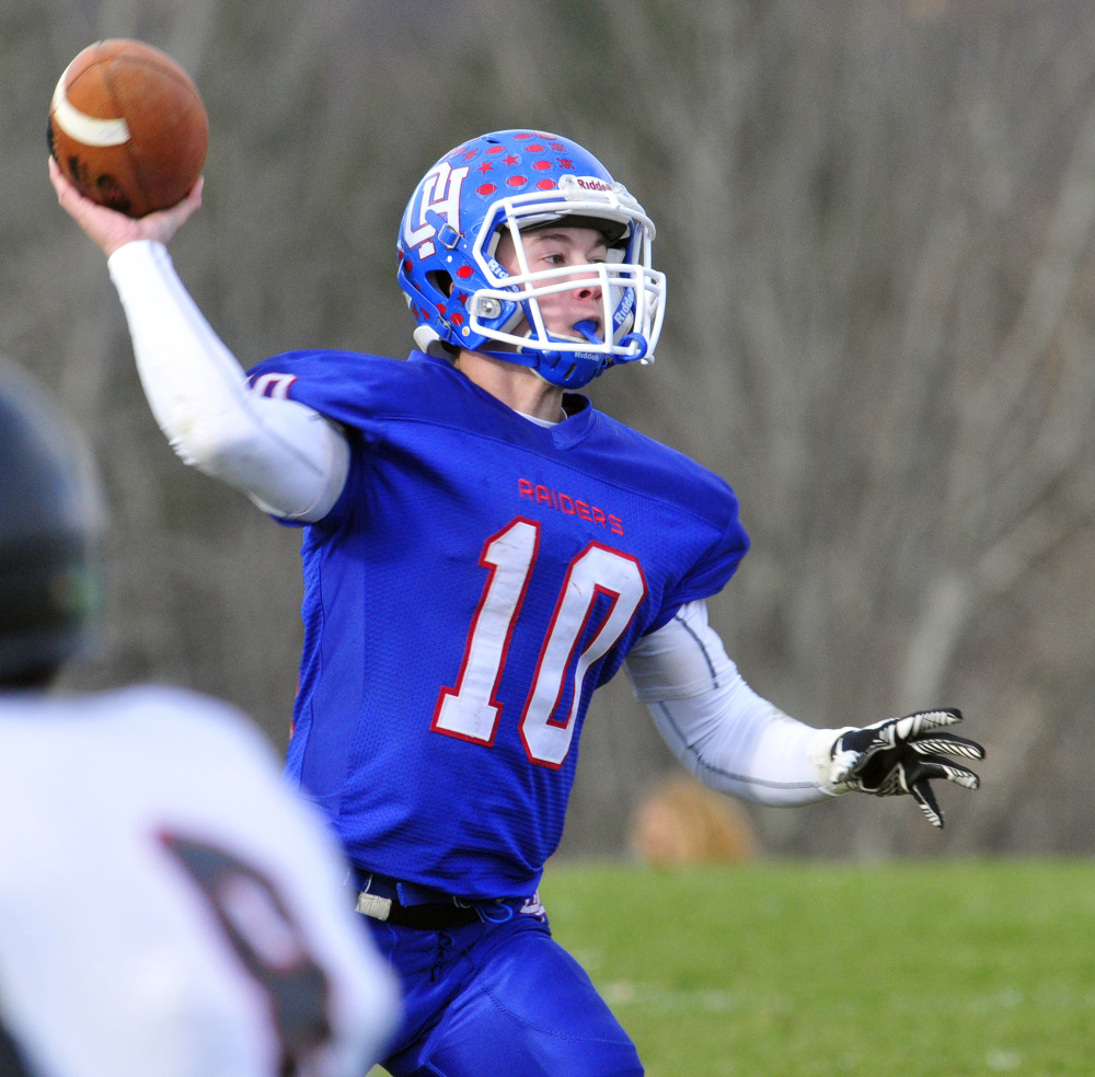 Oak Hill quarterback Dalton Therrien throws a pass during the Campbell Conference Class D title game against Lisbon. Dalton was named a James J. Fitzpatrick Trophy semifinalist Monday.