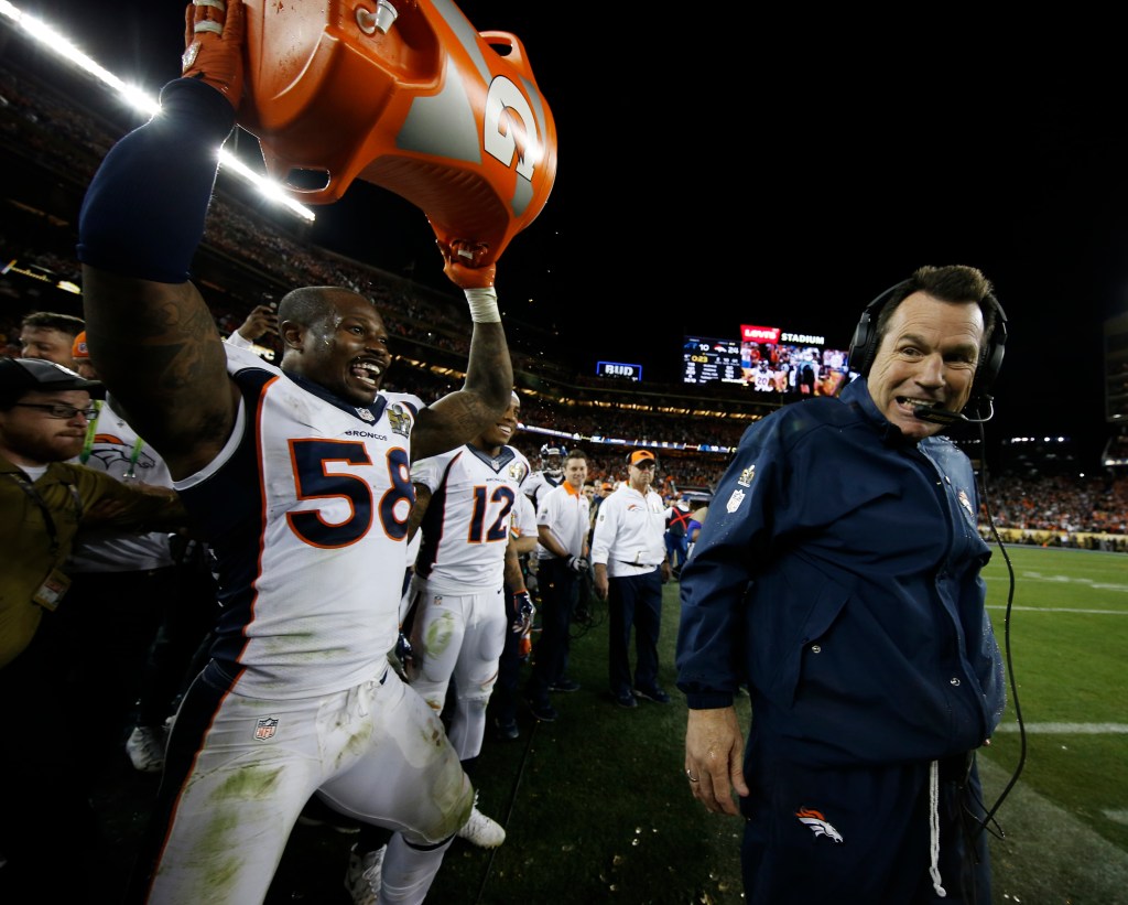 Denver Broncos Von Miller (58) celebrates a sack of Carolina Panthers  quarterback Cam Newton for 11 yard loss forcing a fumble that turned into a  Broncos touchdown in the first quarter of