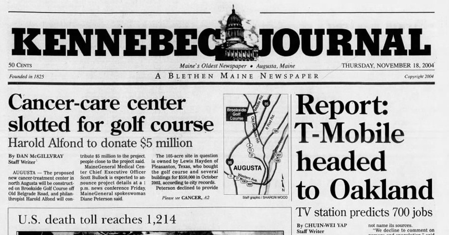 Nov. 18, 2004: T-Mobile plans to open call center with 700 jobs at FirstPark in Oakland, cancer-care center slated for golf course in Augusta, and Iraq War death toll reaches 1,214